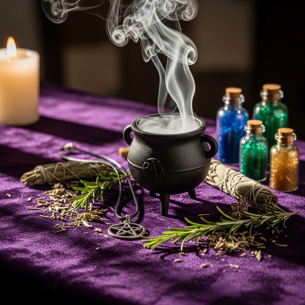 Candlelit cauldron altar with crystals and herbs