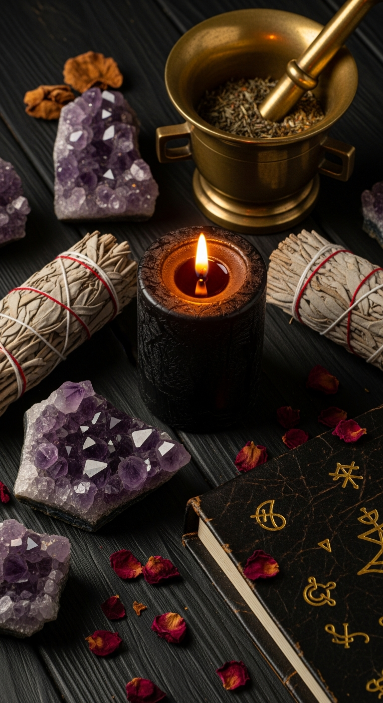 Candlelit altar with crystals, grimoire, herbs and smoke