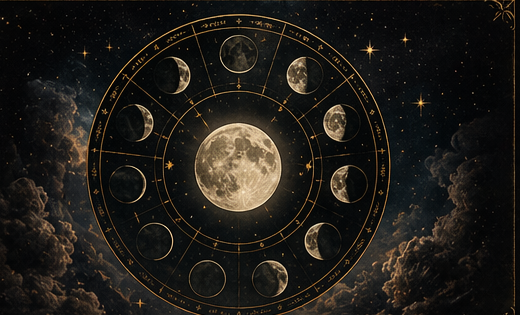 Realistic lunar calendar wheel with moon phases and stars