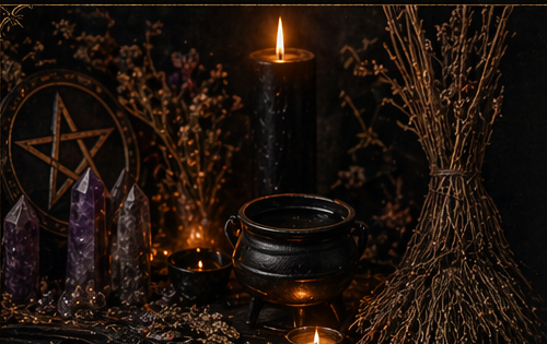 Seasonal sabbat ritual altar with candle, cauldron, crystals and herbs