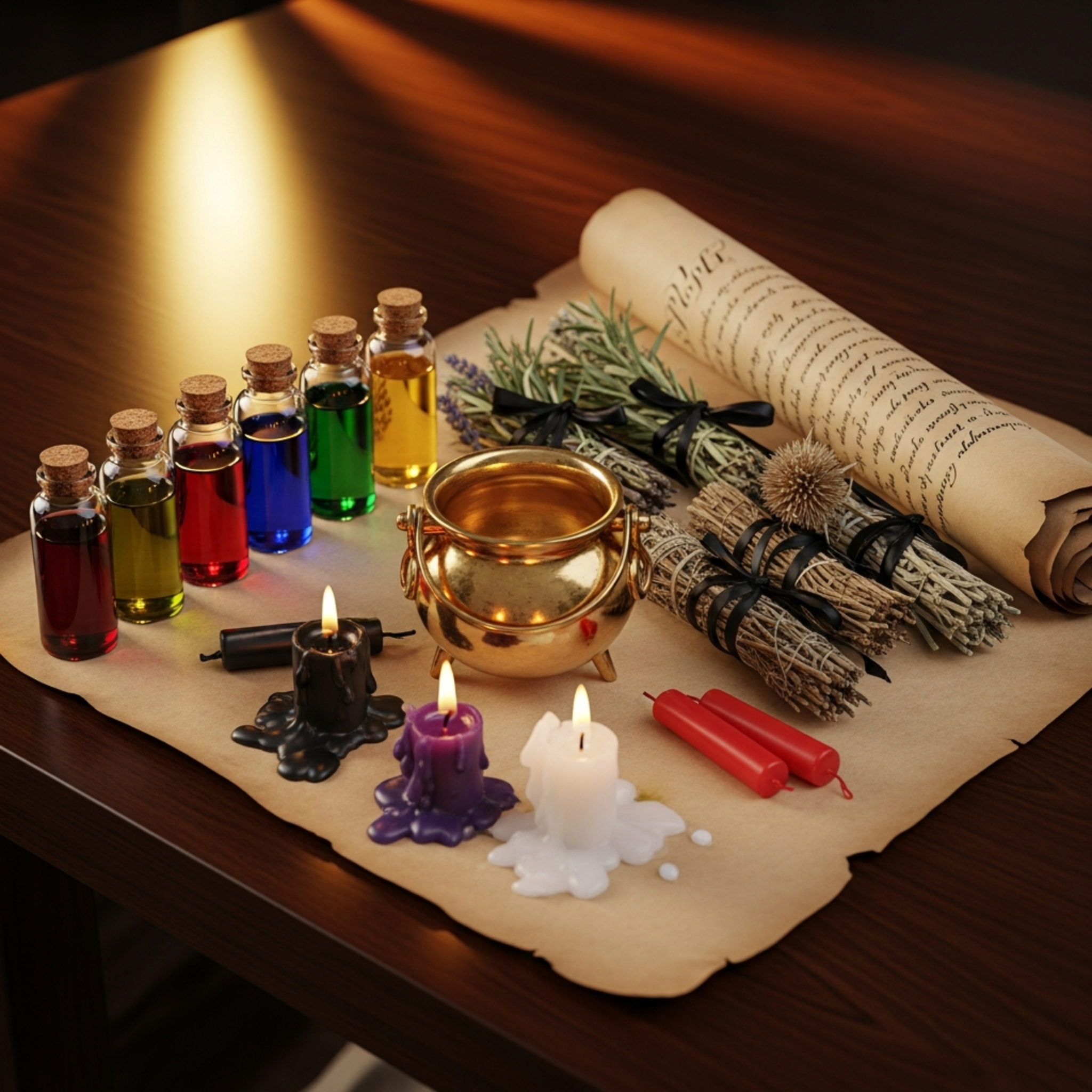 Complete spell kit with bottles herbs candles and scroll