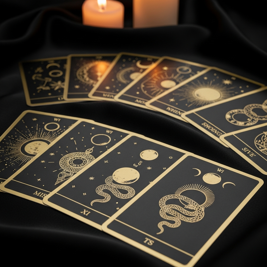 Dark tarot cards on a mystical altar