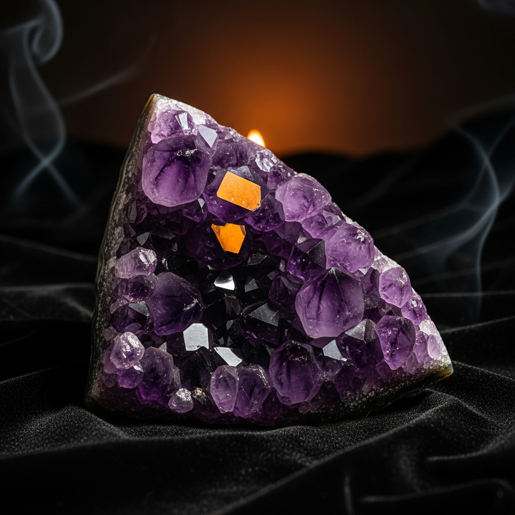 AI_IMAGE: A large raw amethyst crystal cluster on black velvet fabric, deep purple with translucent points catching candlelight, warm amber highlights on facets, dark moody background with subtle smoke wisps, product photography style with dramatic lighting | photorealistic | square