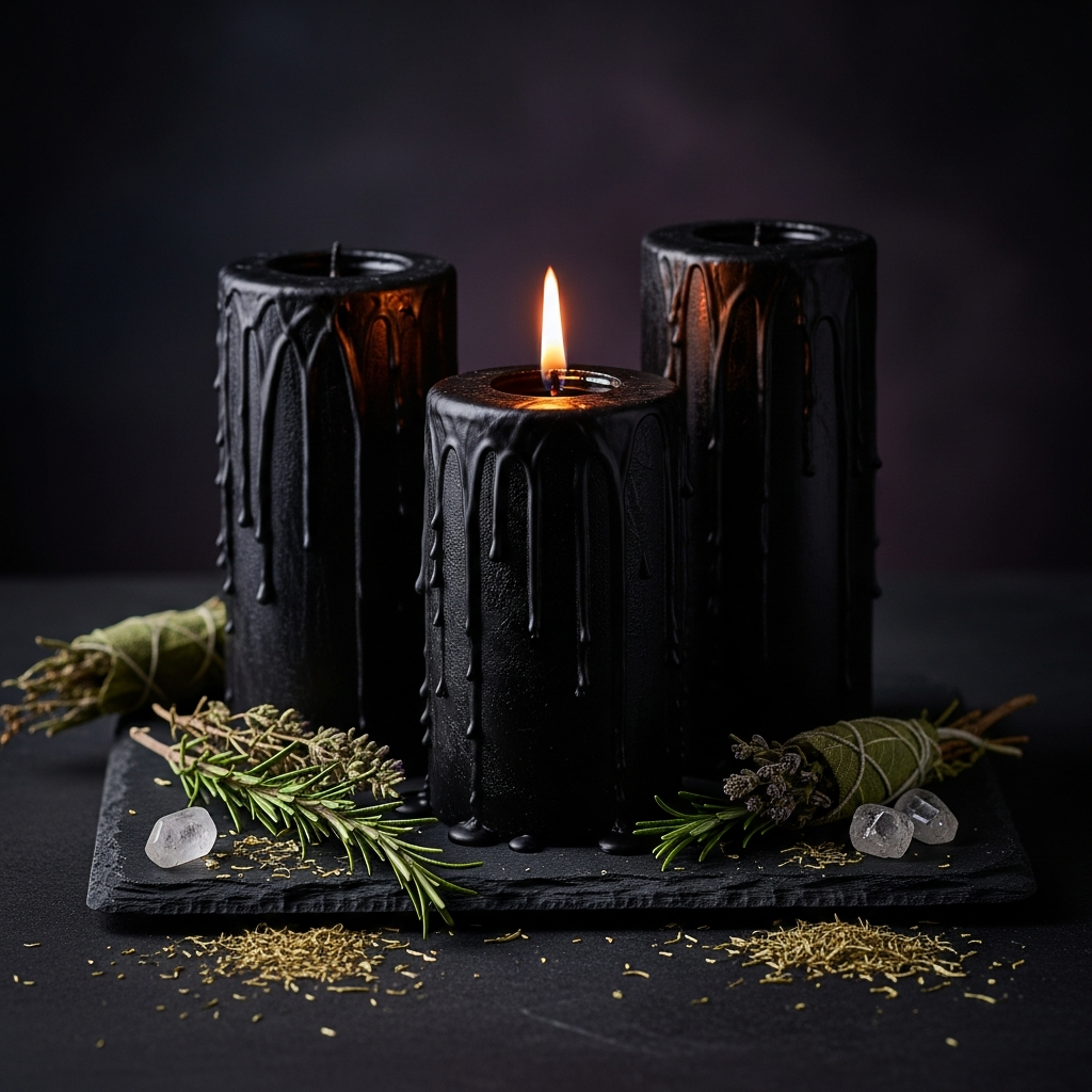 AI_IMAGE: Three tall black pillar candles arranged on a dark slate surface, wax dripping down sides, one candle lit with warm amber flame, surrounded by dried herbs and small crystals, dark atmospheric background with subtle purple tones, moody product photography | photorealistic | square
