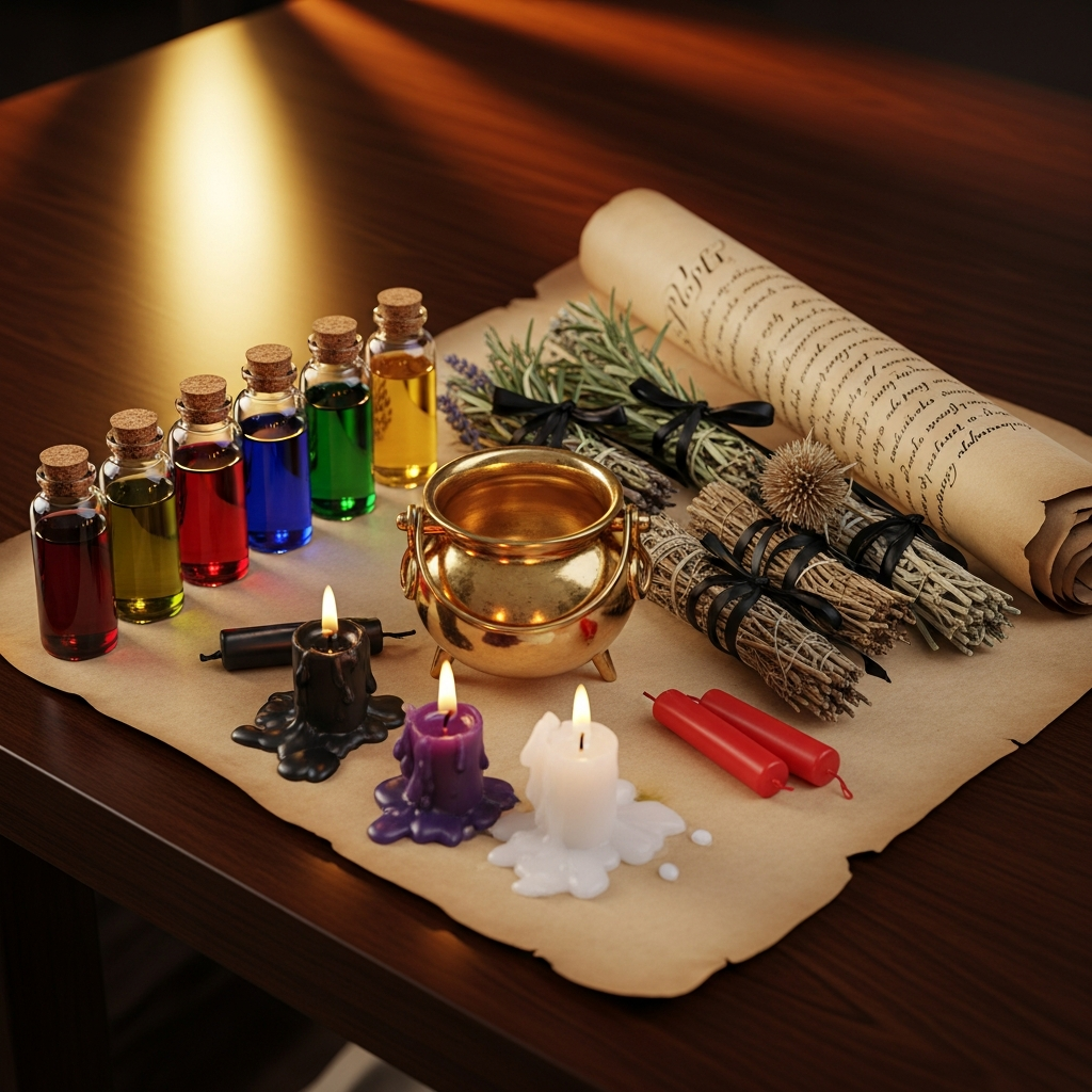 AI_IMAGE: A complete spell kit laid out on aged parchment paper, featuring small glass bottles of colored oils, bundled dried herbs tied with black ribbon, a small brass cauldron, colored candle stubs, and handwritten instruction scroll, dark wood table background, warm amber lighting | photorealistic | square