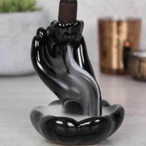 Black Backflow Incense Burner Hand & Lotus Flower Cascading Waterfall+Free Cones