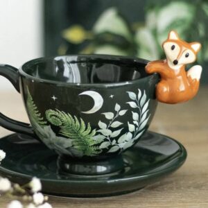 Green Forest Fox Teacup and Saucer Set | 500ml Ceramic Cup with 3D Fox & Foliage Design | Nature Gift for Tea Lovers | Cottagecore Woodland Decor | Hand Wash Only