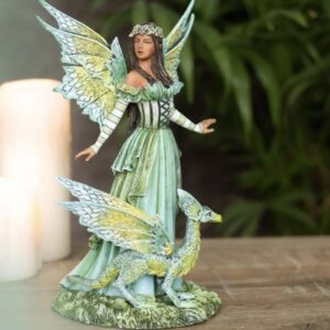 Amy Brown Fairy Figurine 22cm - Fantasy Art Collectible, Green Fairy and Dragon Statue, Watercolour Inspired Sculpture