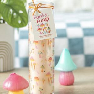 Lemon & Bergamot Tube Candle with Colorful Mushroom Design – 70-Hour Burn Time, Eco-Friendly Glass Jar for Repurposing, Trendy Home Decor for Living Room
