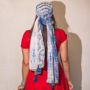 Mystical Nomad Sari Summer Marbella Print Scarf – Blue with Gold (180x50cm) | Clothing | Niffty Witchy Supplies UK in Clothing style, yew keepsake smoky s