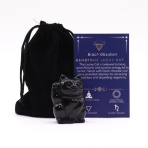 Starlit Gemstone Lucky Cat – Black Obsidian | Niffty Witchy Supplies UK in Crystals & Chips style, emerald forest haunting keepsake for mystical gothi