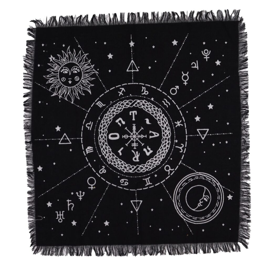 Spellbound Esoteric Fringed Altar Cloth – Moon & Sun Chart | Niffty Witchy Supplies UK in Altar & Ritual Tools style, haunting chaos-magic selenit