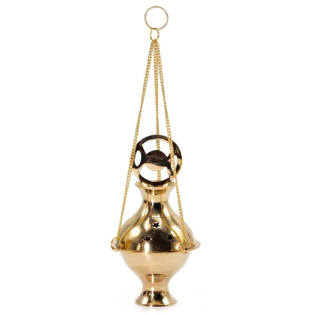 Moonlit Hanging Brass Incense Burner – Three Phase Moon | holders & Burners | Niffty Witchy Supplies UK in holders & Burners style, blessed green