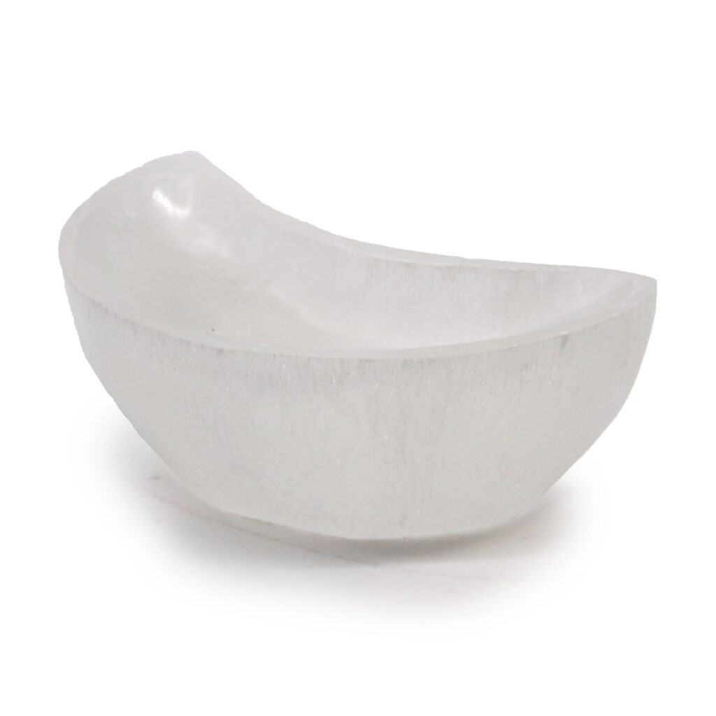 Moonlit Selenite Moon Bowl – 10cm | Niffty Witchy Supplies UK in Crystals & Chips style, ivory psychic moonlit dream for magical wardrobes and sacred 