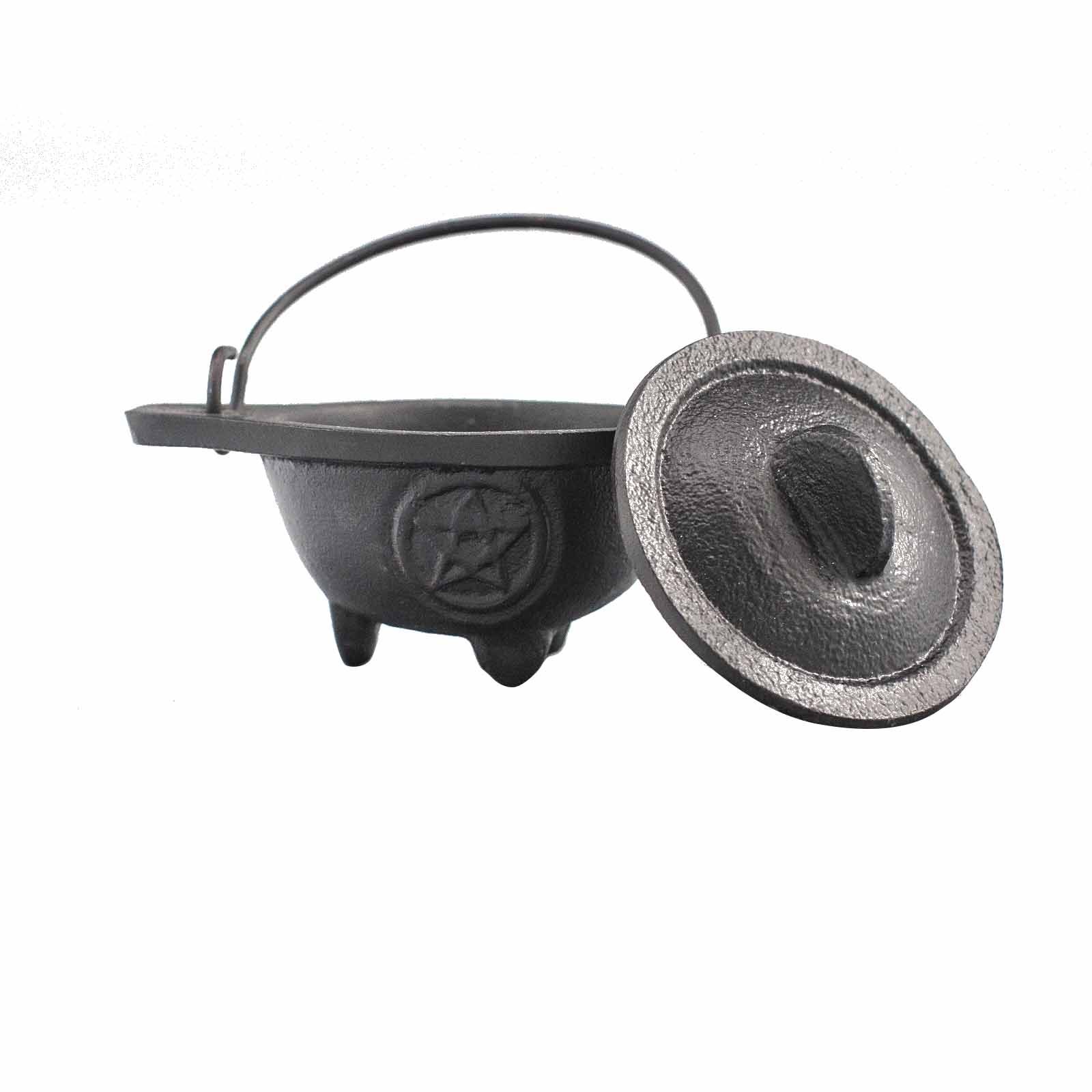 Mystical Cast Iron Cauldron with Pentagon 5x9cm | Altar & Ritual Tools | Niffty Witchy Supplies UK in holders & Burners style, cosmic-witch spirit char