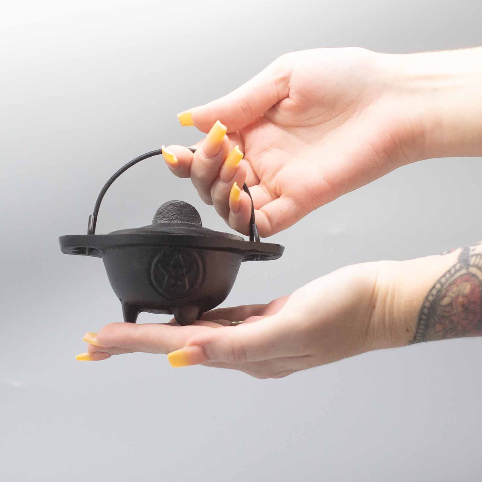 Celestial Cast Iron Cauldron with Pentagon 5x9cm | Altar & Ritual Tools | Niffty Witchy Supplies UK in holders & Burners style, night bloom blessed cla