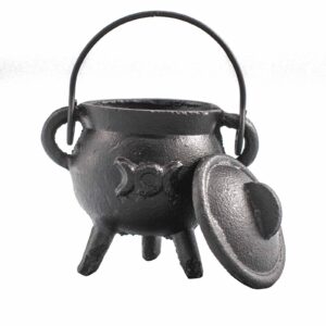 Moonlit Cast Iron Cauldron with Triple Moon 6x10cm | Altar & Ritual Tools | Niffty Witchy Supplies UK in holders & Burners style, mystical crypt amethy