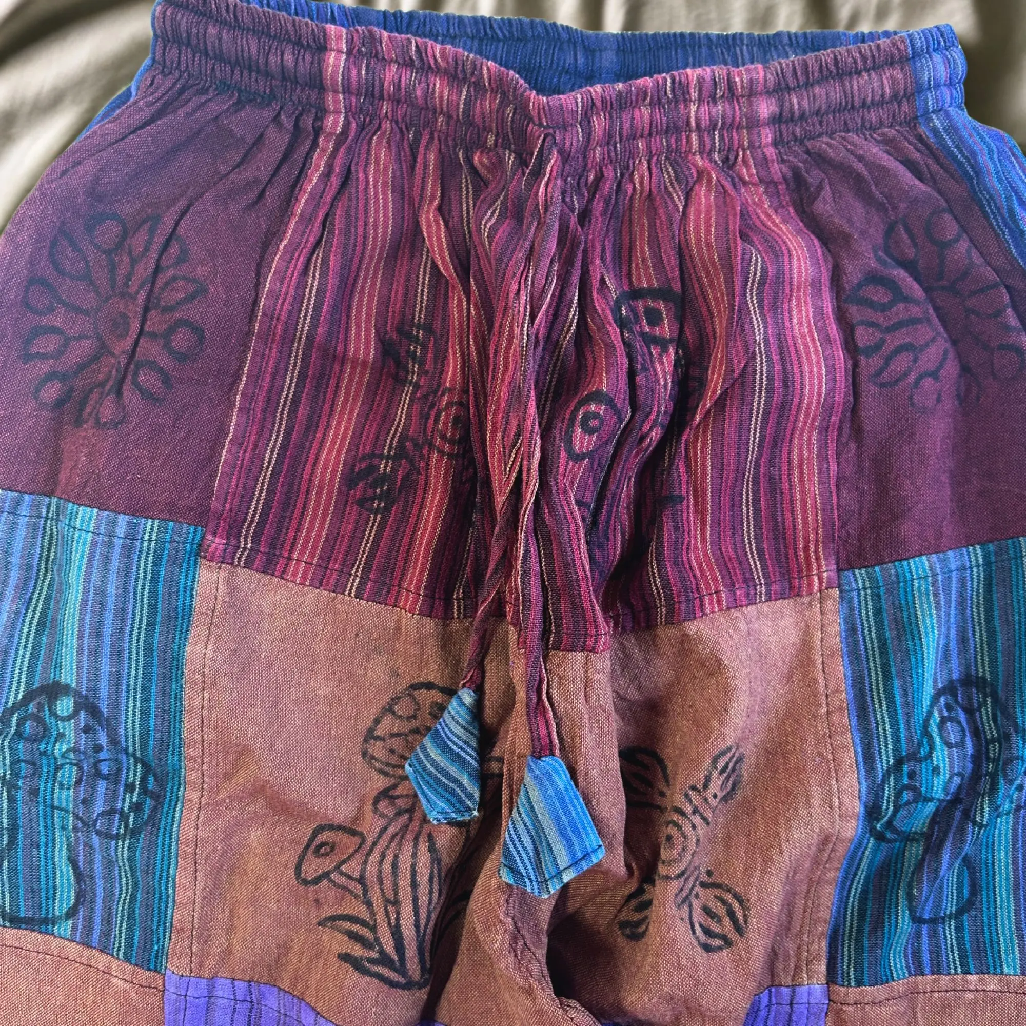 Starlit Nomad Sari – Mushroom Pants – Block Print Designs – Purple Tones S/M | Bottoms | Niffty Witchy Supplies UK in Bottoms style, folk-magi