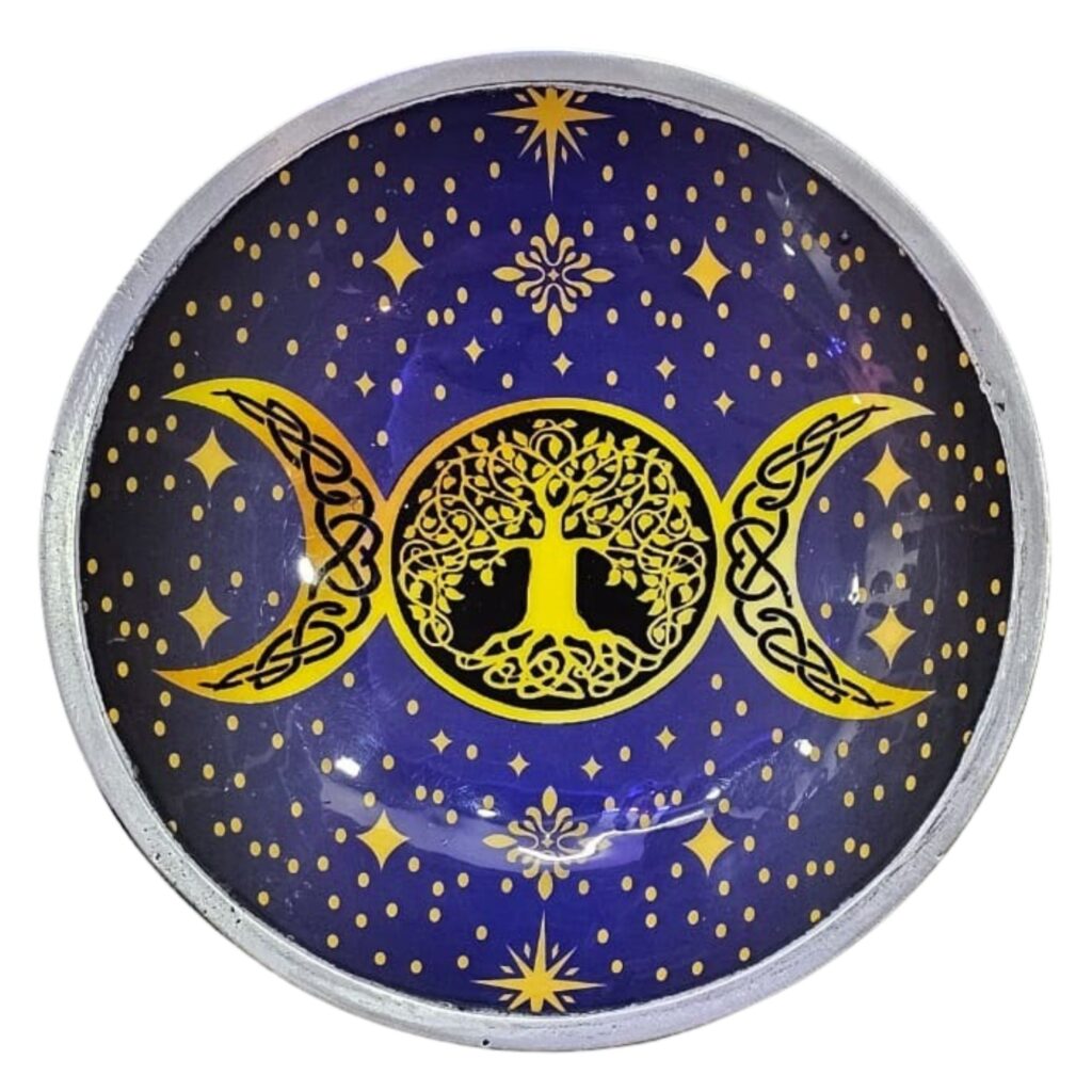 Gothic Triple Leg Enamelled Offering Plate – Purple Triple Moon | Altar & Ritual Tools | Niffty Witchy Supplies UK in Altar & Ritual Tools style,