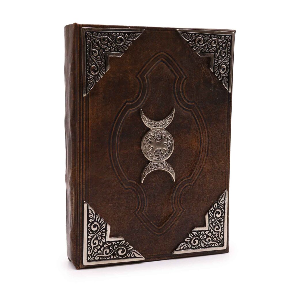 Moonlit Heafty Brown Tan Book – Zinc Triple Moon Decor – 200 Deckle Edges Pages – 26x18cm | Grimoires | Niffty Witchy Supplies UK in Grimoires