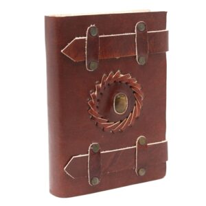 Ritual-ready Leather Tigereye with Belts Notebook (6×4″) | Niffty Witchy Supplies UK in Grimoires style, modern astral emerald autumn for lovers of o