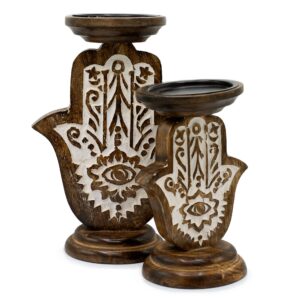 Ritual-ready Mango Wood Candle Stand – Hamsa – Small | Niffty Witchy Supplies UK in holders & Burners style, romantic coven cosy litha with dark