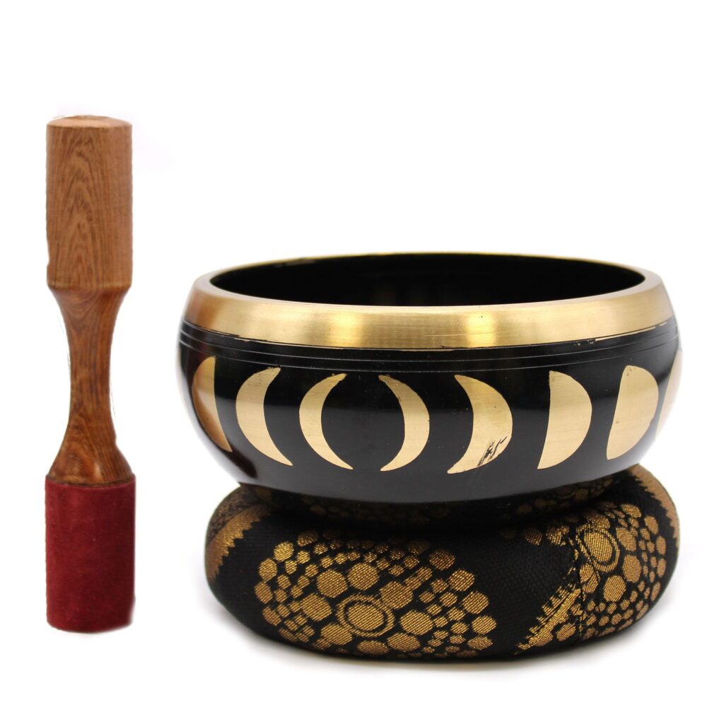 Spellbound Lrg Moon Phase Singing Bowl Set- Black 14cm | Niffty Witchy Supplies UK in Ritual Music Instruments style, faerie vibe hemlock keepsake for lovers of