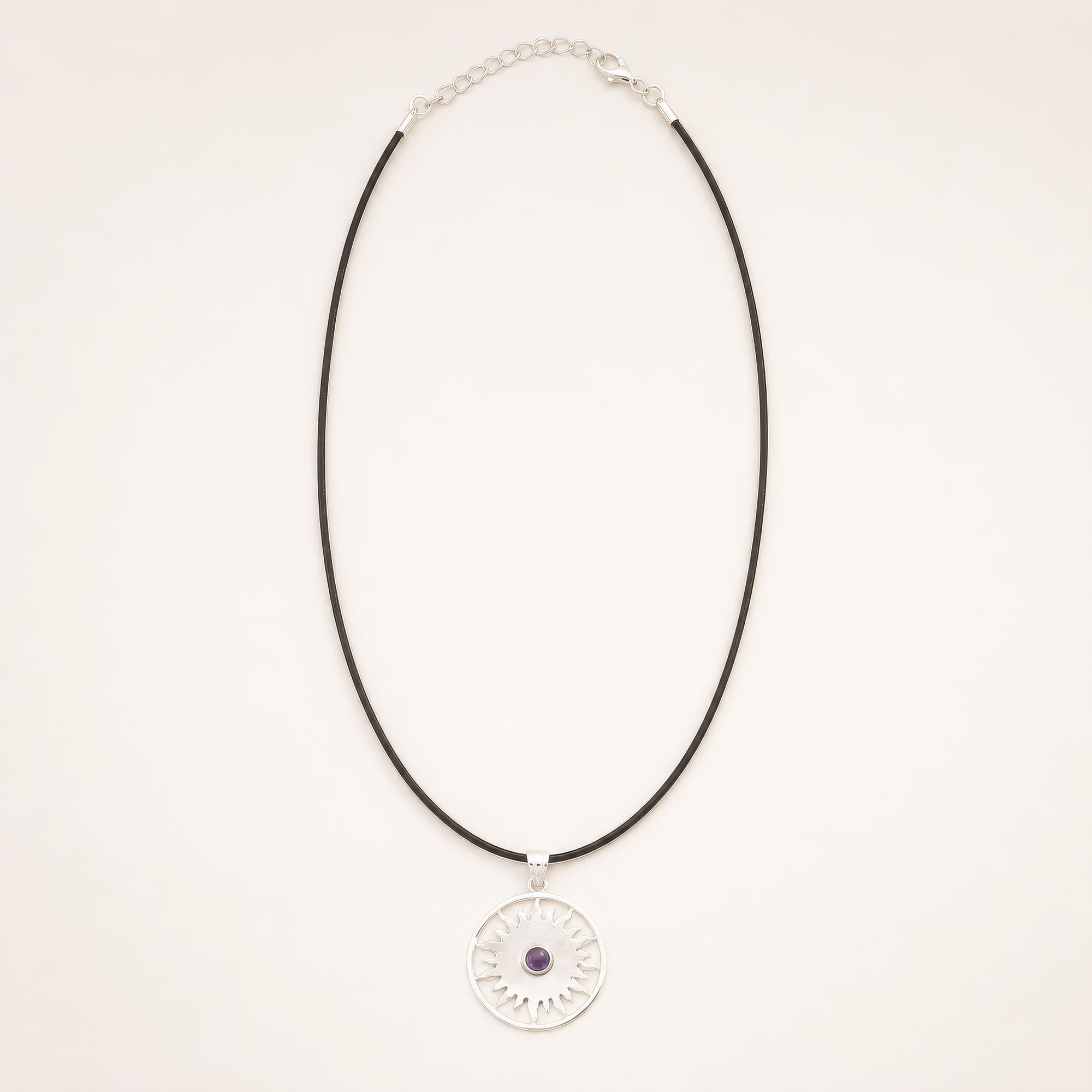Indian Devotional Pendant - Silver Plated (45cm Cord)- Sun Worship Amethyst - Image 2