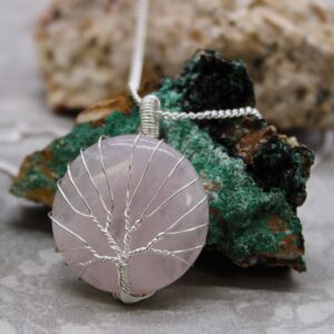 Gothic Tree of Life Gemstone Necklace – Rose Quartz in Jewellery style, ash ward ritual-ready jewellery for lovers of occult charm