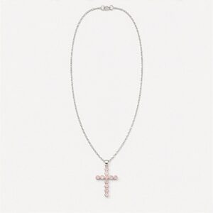Indian Devotional Pendant - Silver Plated (45cm Chain)- Rose Quartz Crucifix