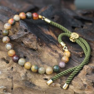 Enchanted 18K Gold Plated Gemstone Moss String Bracelet – Picasso Jasper in Jewellery style, dusky mandrake emerald temple with gothic mystical style