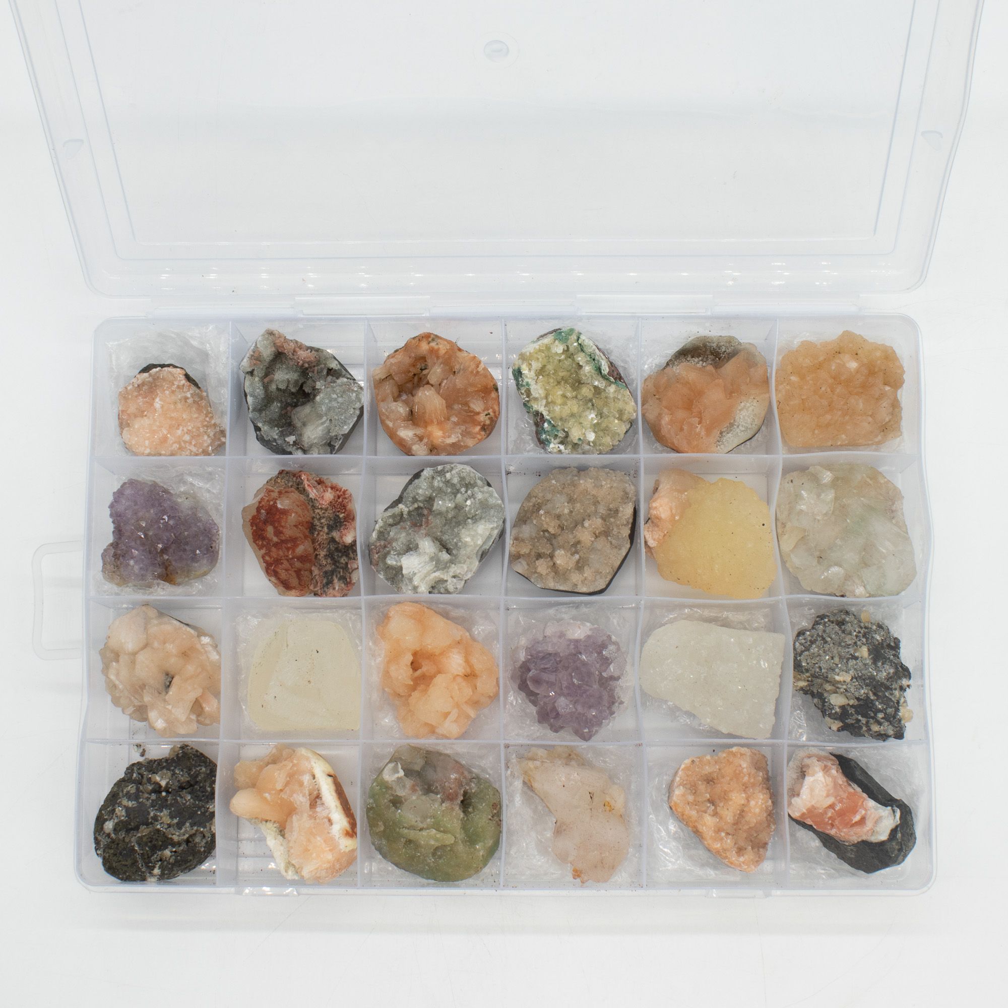 Mineral Specimens - Mixed Indian Zeolites in a Display (White Apophyllite, Stilbite,Finger Quartz, Amethyst, Green Stilbite, Heulandite) - Image 5