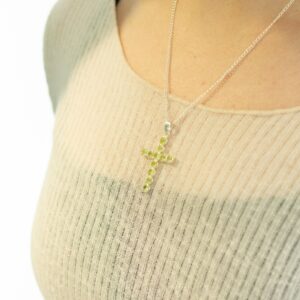 Indian Devotional Pendant - Silver Plated (45cm Chain)- Peridot Crucifix