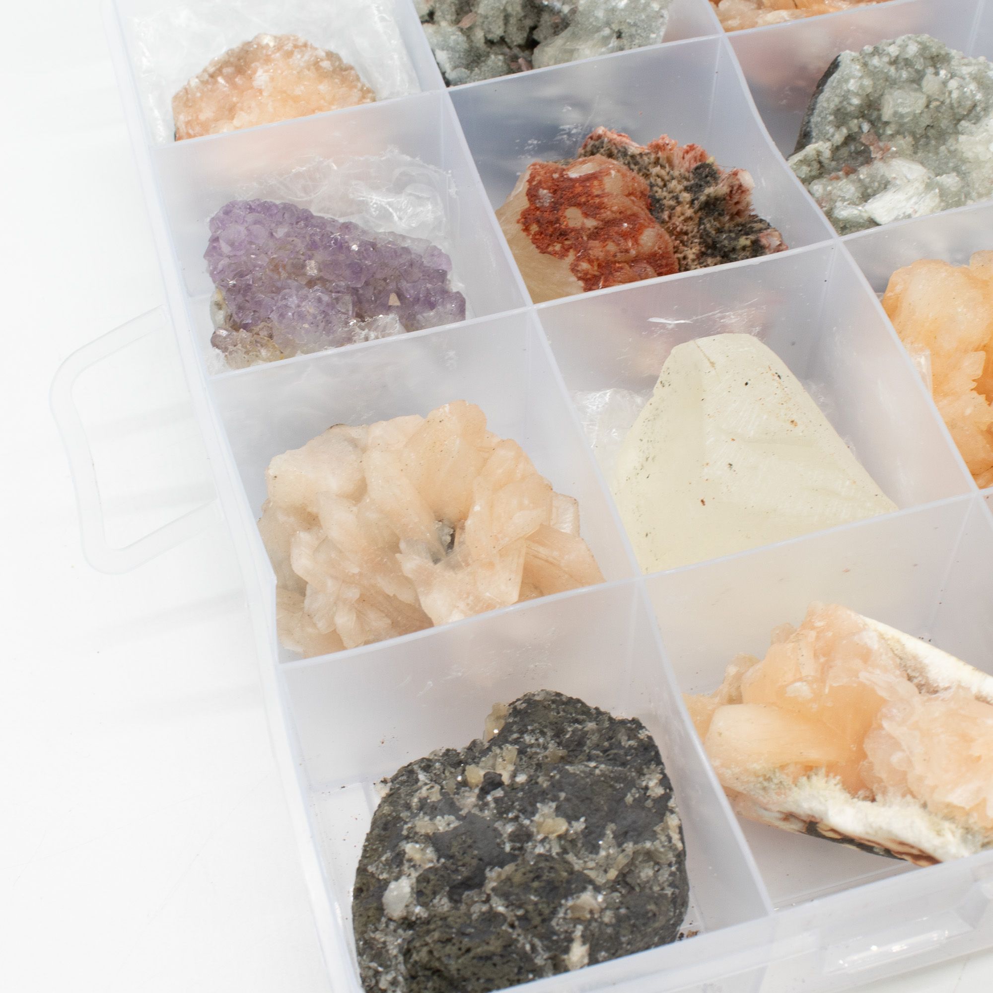 Mineral Specimens - Mixed Indian Zeolites in a Display (White Apophyllite, Stilbite,Finger Quartz, Amethyst, Green Stilbite, Heulandite) - Image 6