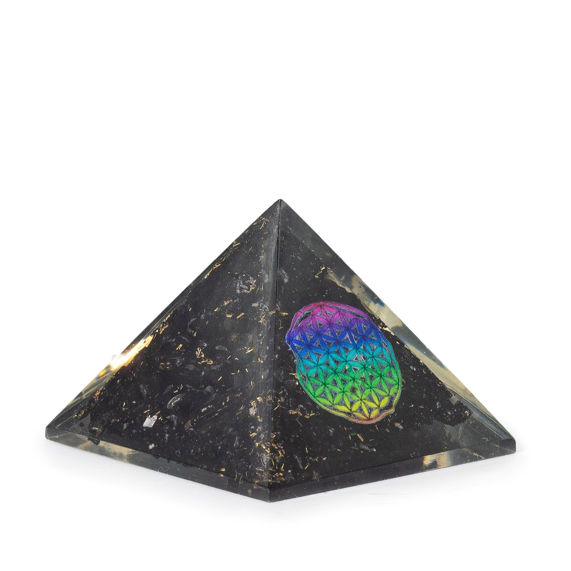 Small Organite Pryamids 5.5x4.5cm - Flower of Life - Black Tormaline Chips - Image 2