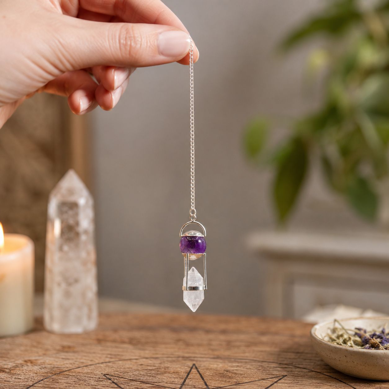 Spellbound Seeker of Truth – Double Power Pendulum – Amethyst Globe – Clear Quartz Double Terminated in Pendulum & Tarot style, crow imbol