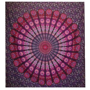 Double Cotton Bedspread + Wall Hanging - Peacock Mandala - Purple