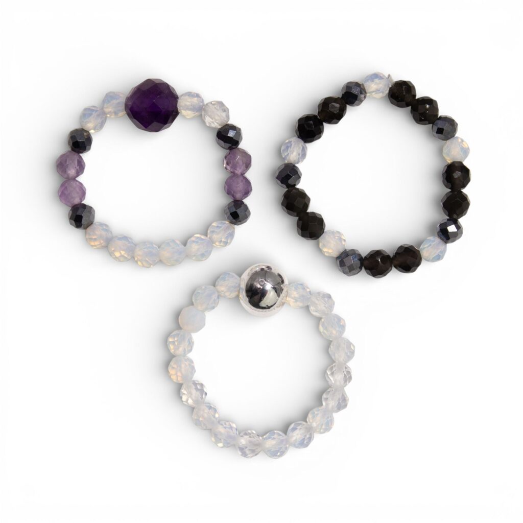 Starlit Nymph Spirit Gemstone Ring Set – Full Moon in Jewellery style, ash aesthetic lacy elder for lovers of occult charm