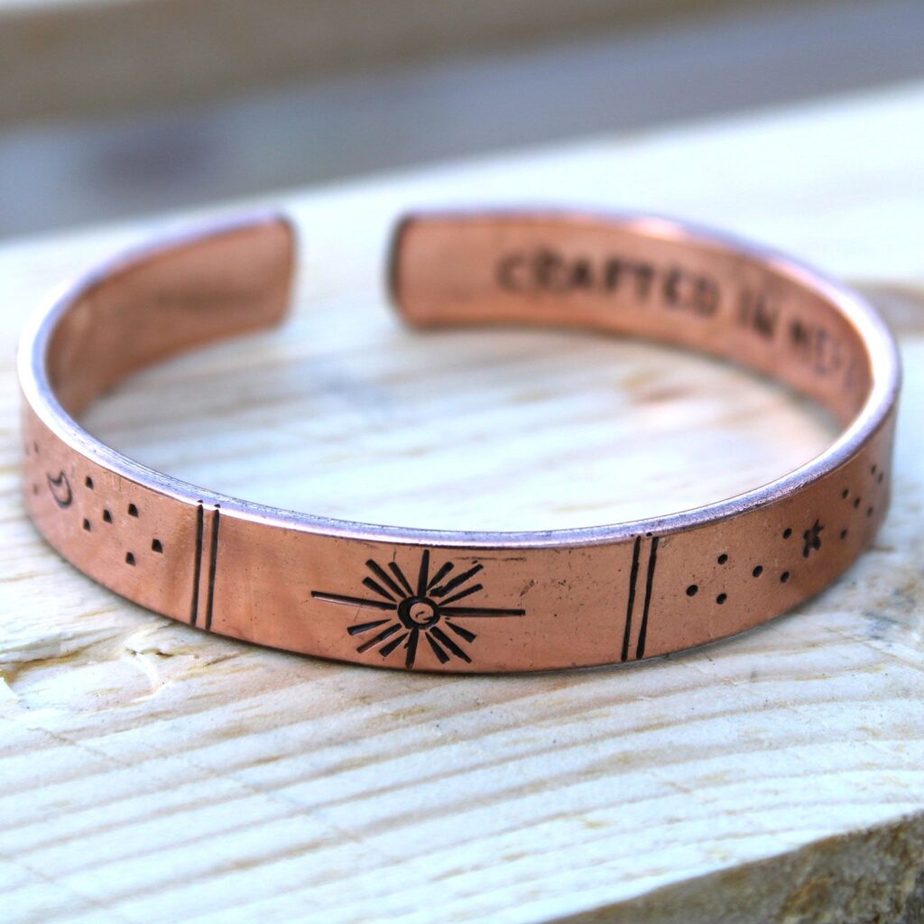 Haunted Inspiration Bracelet – Copper Snrise, Galaxy, Stars, Earth in Jewellery style, bold mystic charm hearth with coven-core energy