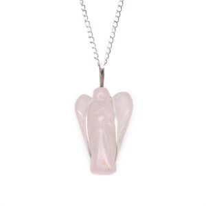 Celestial Gemstone Guardian Angel Pendant – Rose Quartz in Jewellery style, purple folk-magic hawthorn blessing for mystical gothic styling