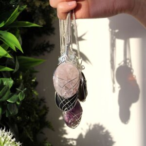 Ritual-ready Swirl Wrapped Gemstone Necklace – Rose Quartz in Jewellery style, moss midnight moonstone offering for moonlit rituals and everyday magic