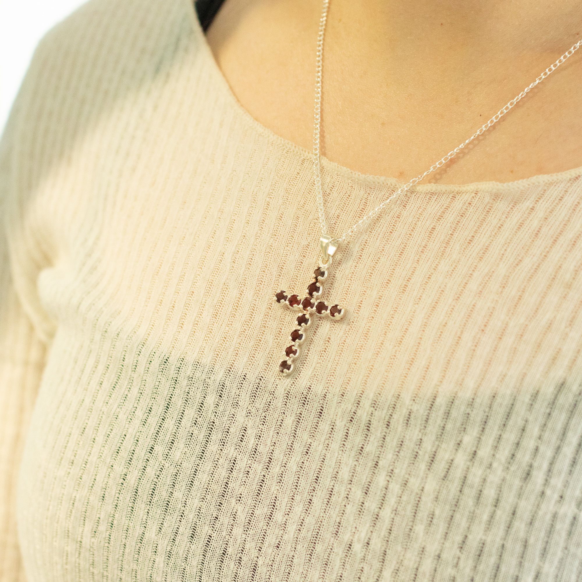 Indian Devotional Pendant - Silver Plated (45cm Chain)- Garnet Crucifix - Image 5