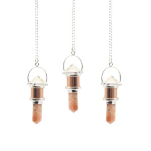 Coven-ready The Moon Chamber- Combo Piece Copper Pendulum – Clear Quartz & Sunstone Pendulum & Tarot, mystical for magical wardrobes and sacred sp