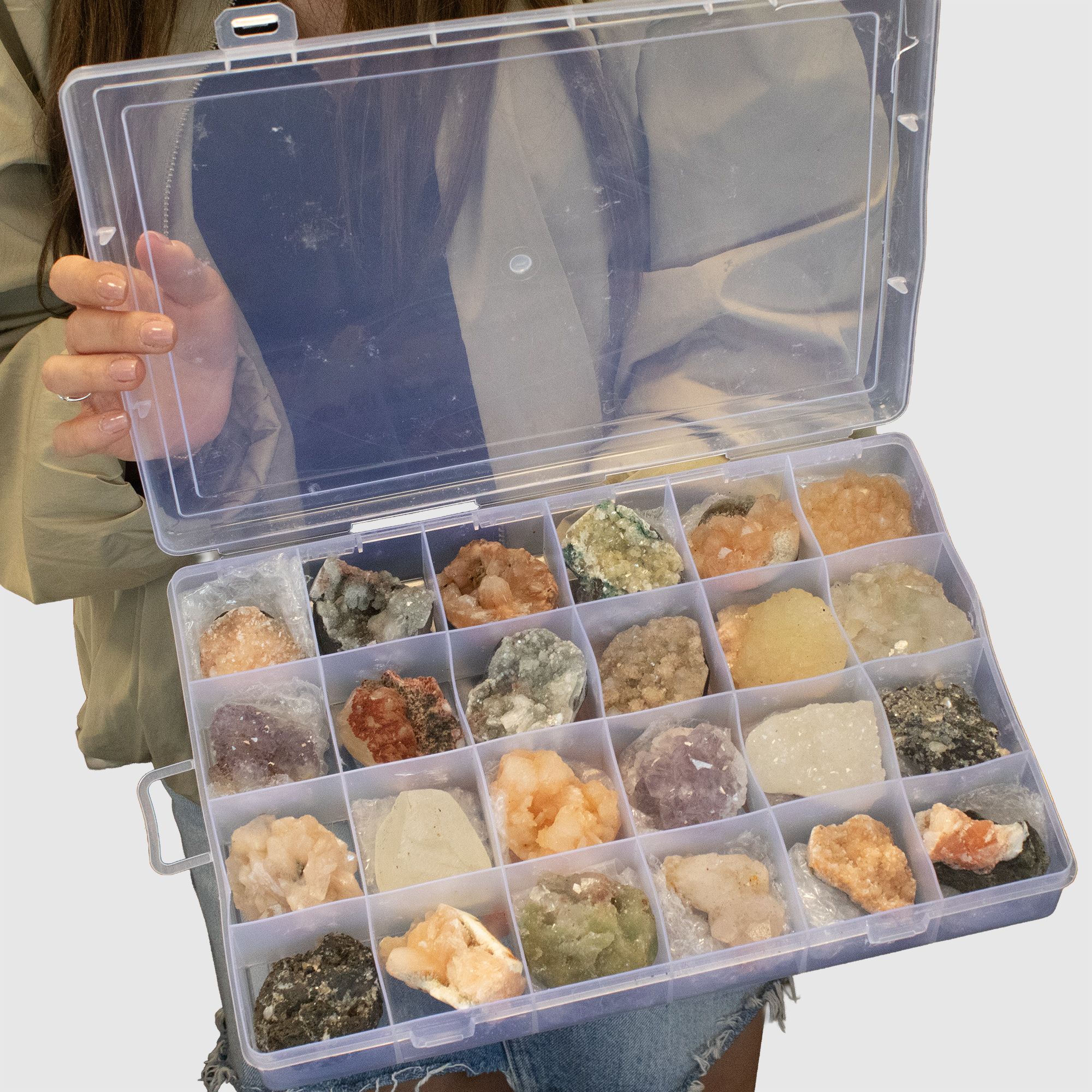Mineral Specimens - Mixed Indian Zeolites in a Display (White Apophyllite, Stilbite,Finger Quartz, Amethyst, Green Stilbite, Heulandite) - Image 2