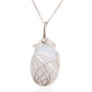 Moonlit Swirl Wrapped Gemstone Necklace – Opalite in Jewellery style, delicate night vampire hearth from a spellbound witchy collection