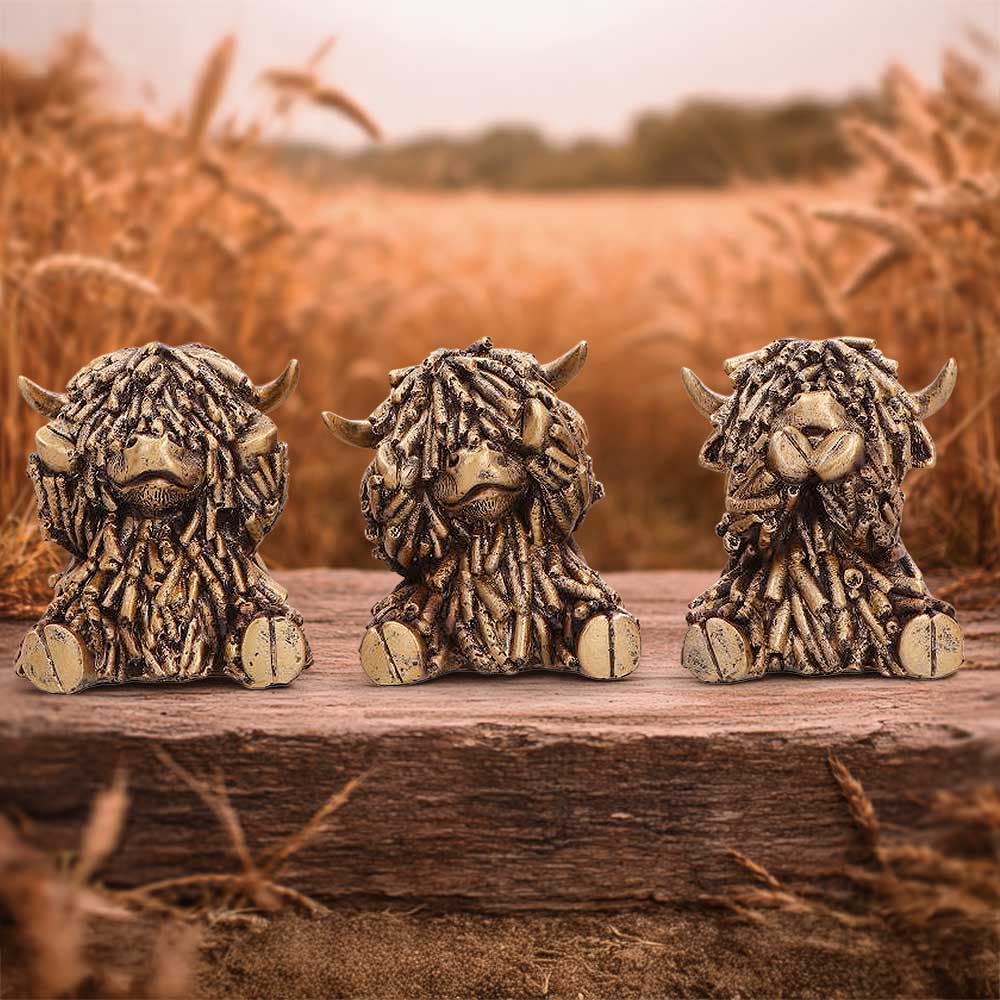 Three Wise Gold Highland Cows | Decor | Niffty Witchy Supplies UK