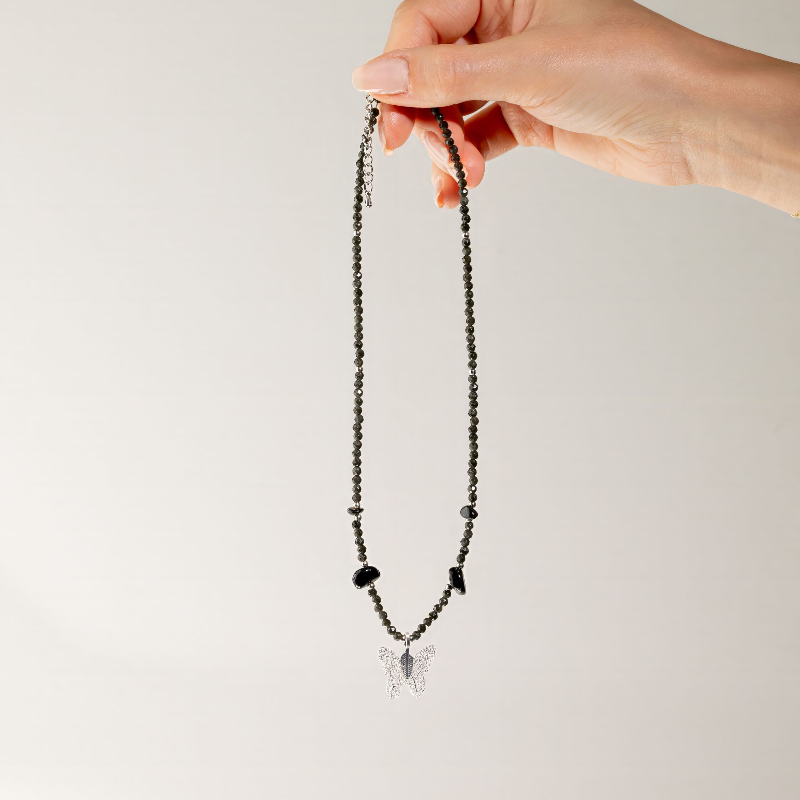 Nymph Black Obsidian Gemstone Necklace with Real Leaf Butterfly Pendant - Image 4