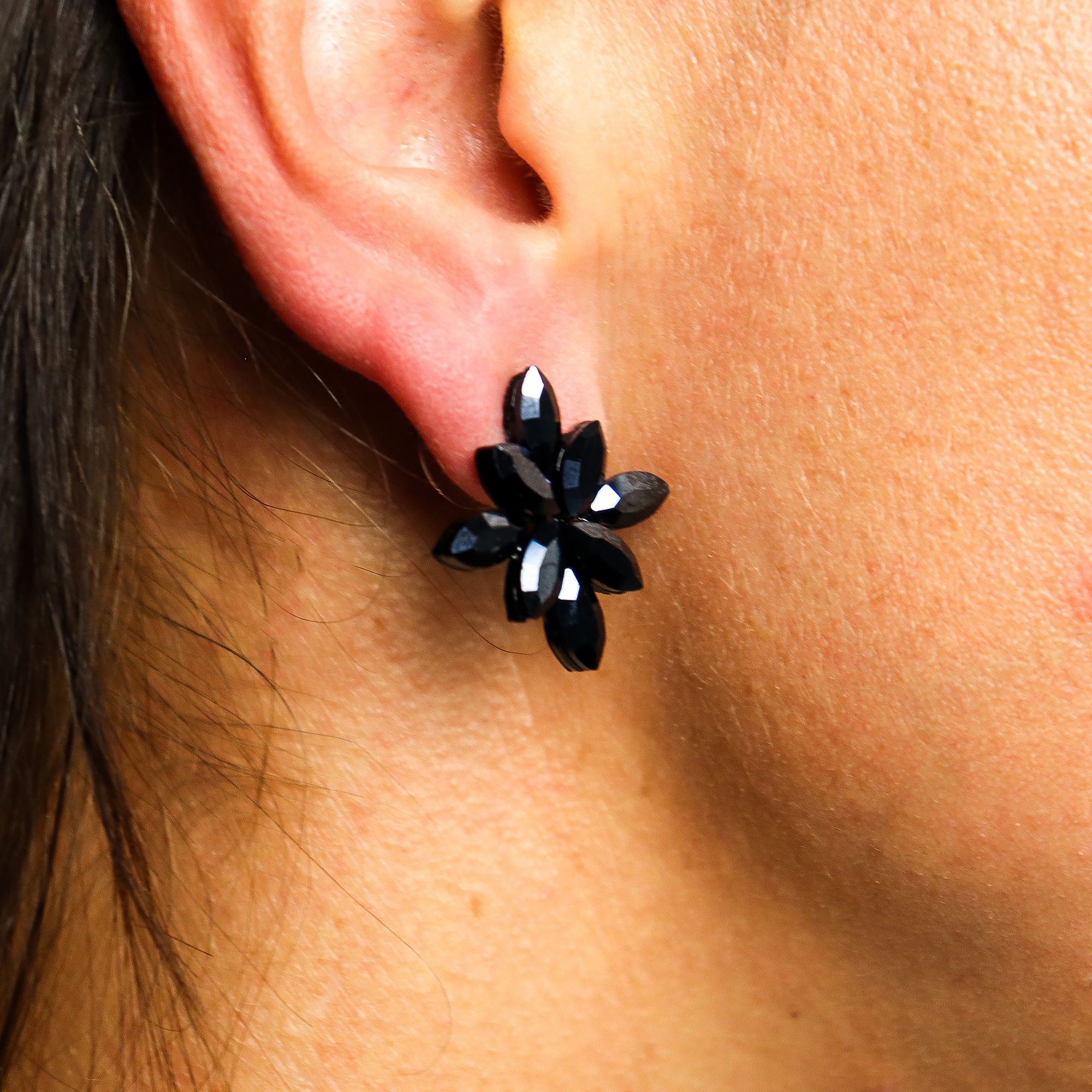 Jet Black - Vintage Glass - Flowers - Earrings - Image 4