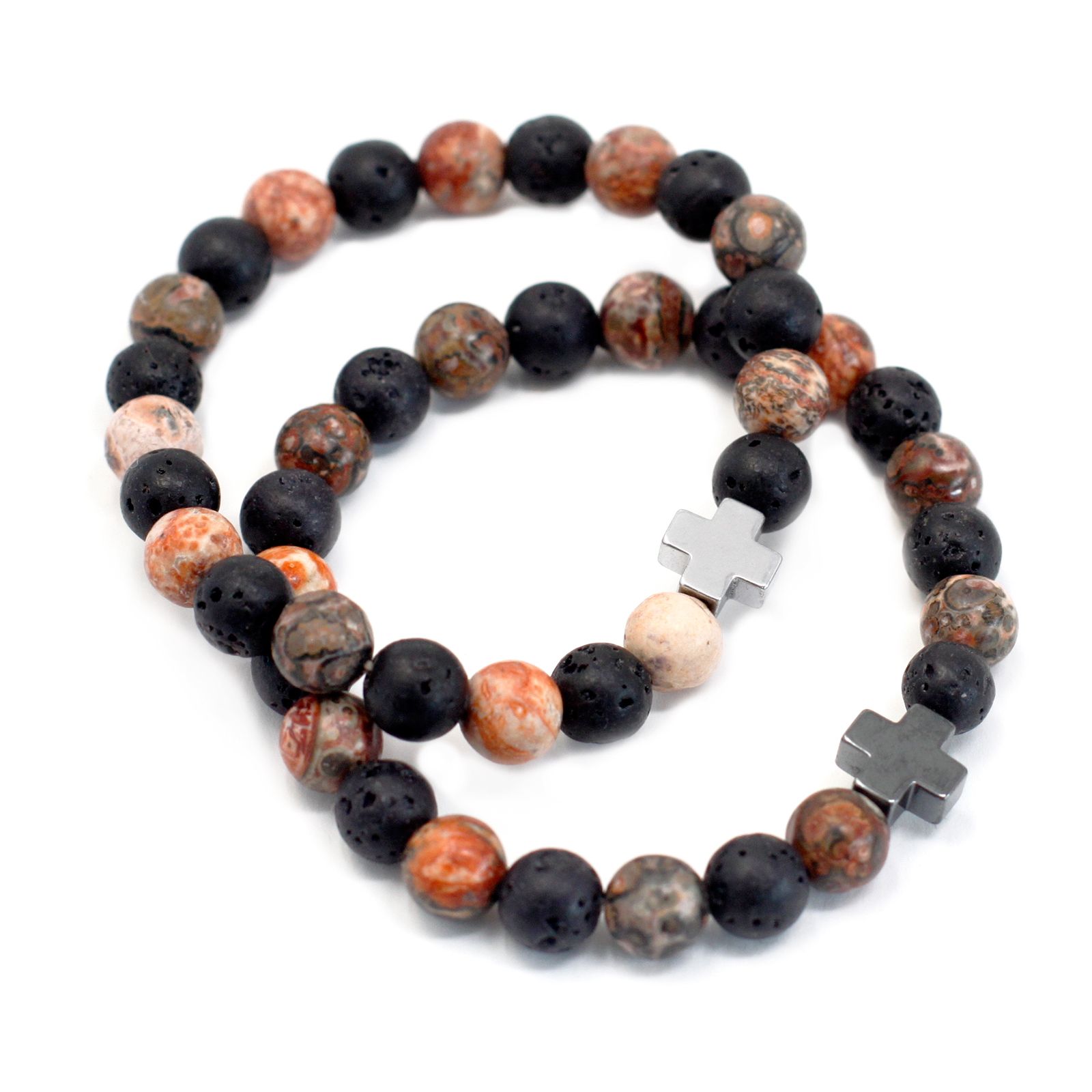Set of 2 Gemstones Friendship Bracelets - Eternity - Leopard Skin Jasper & Lava Stone - Image 13