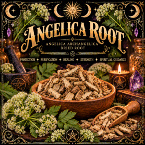 Illustration labelled Angelica Root, showing dried root pieces in a wooden bowl with cream flower heads